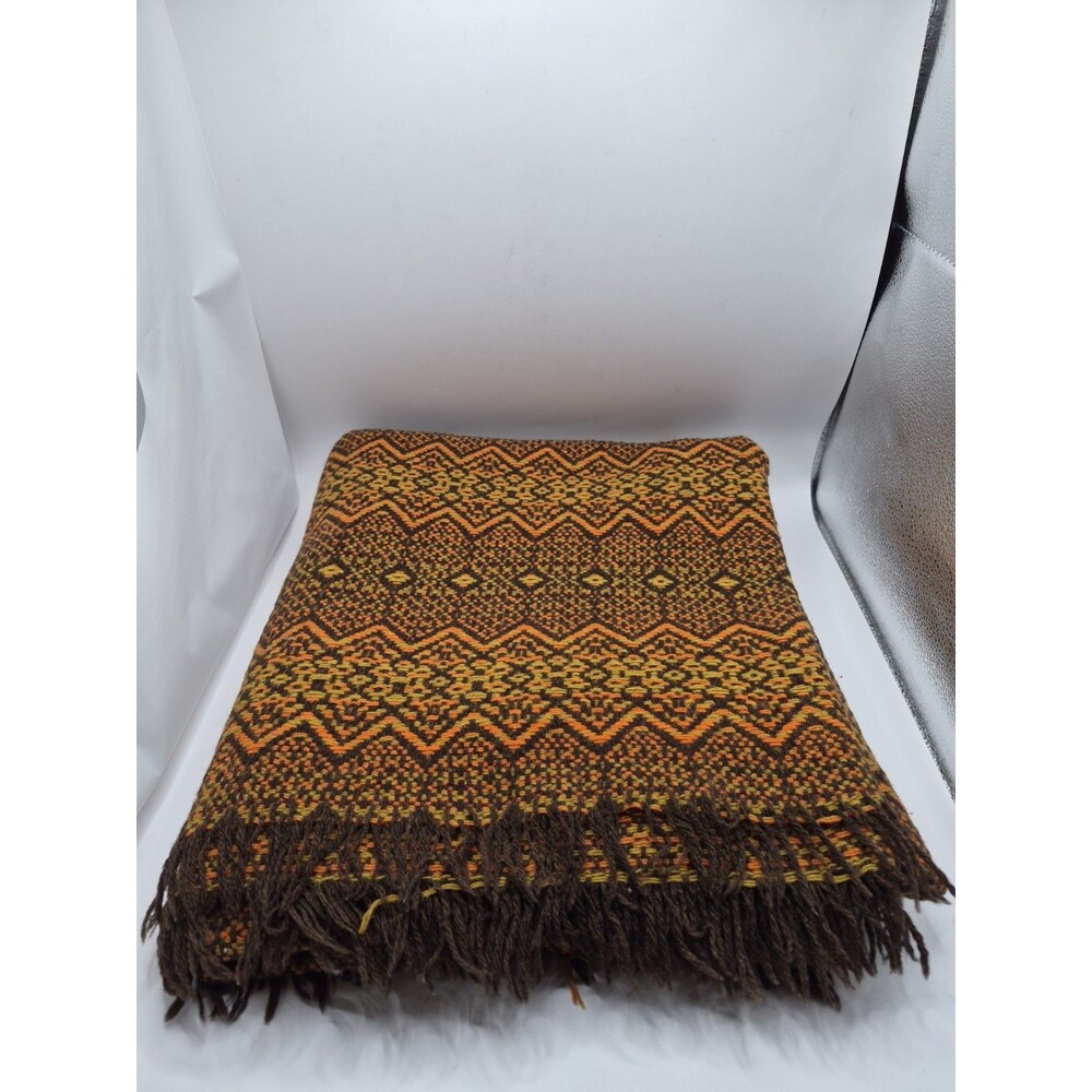 Vintage Amana Woolen Mills 100% Wool Blanket Fringe Aztec Light Damage 52x60